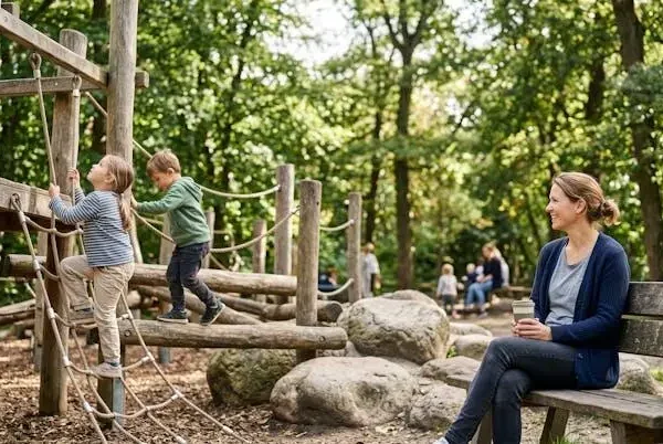 Bambini che giocano in un'area gioco naturale con strutture in legno e corde, sorvegliati da un genitore sorridente