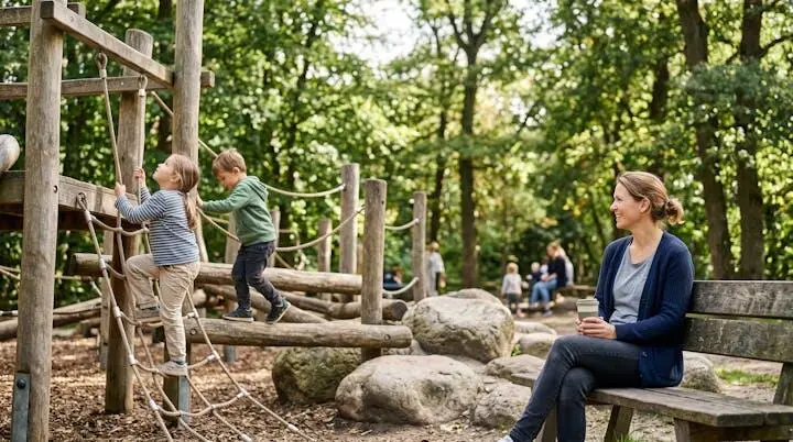 Bambini che giocano in un'area gioco naturale con strutture in legno e corde, sorvegliati da un genitore sorridente