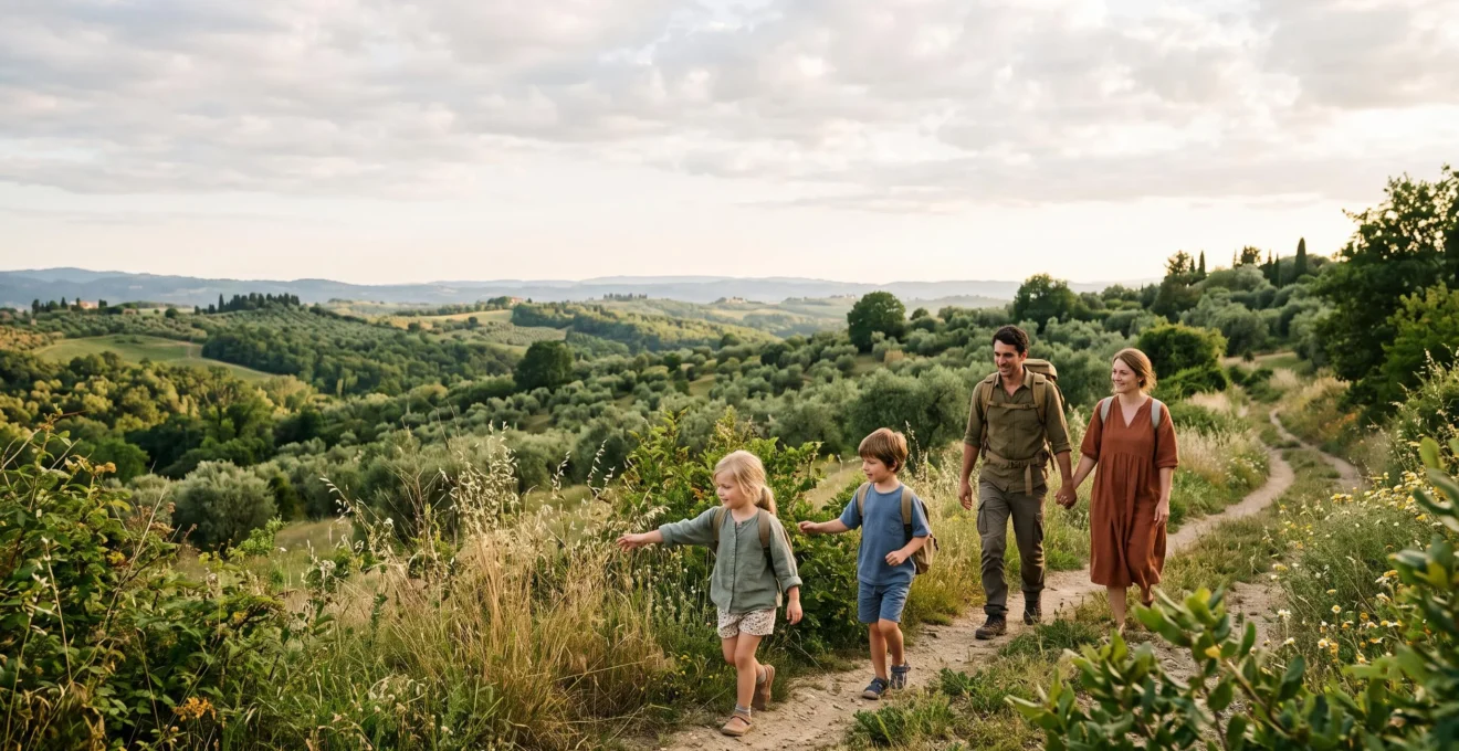 Famiglia con bambini che esplora un sentiero naturale immerso nel verde durante un viaggio, luce calda del tardo pomeriggio