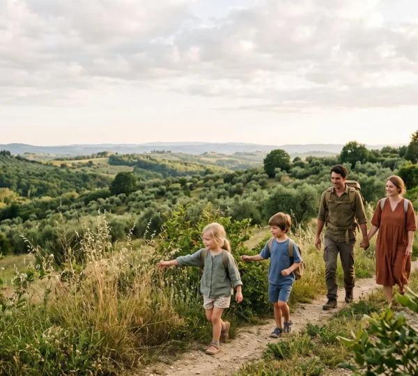 Famiglia con bambini che esplora un sentiero naturale immerso nel verde durante un viaggio, luce calda del tardo pomeriggio