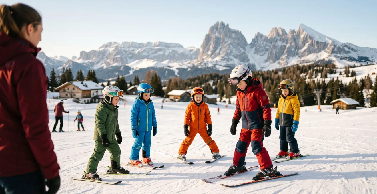 Gruppo di bambini con maestro di sci su un campo scuola innevato, sorridenti e in formazione a semicerchio