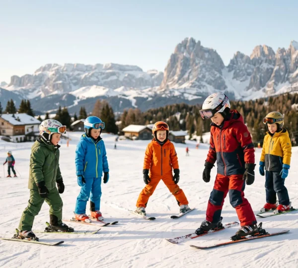 Gruppo di bambini con maestro di sci su un campo scuola innevato, sorridenti e in formazione a semicerchio