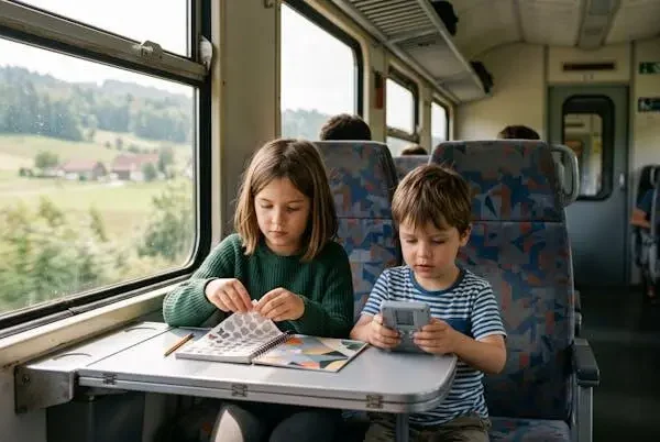 Bambini seduti vicino al finestrino di un treno mentre giocano con piccoli giochi da viaggio durante un tragitto di ore