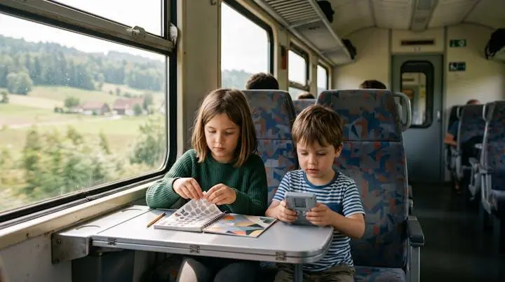 Bambini seduti vicino al finestrino di un treno mentre giocano con piccoli giochi da viaggio durante un tragitto di ore