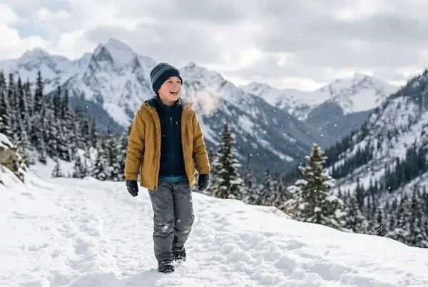 Bambino con abbigliamento tecnico a strati che gioca sulla neve in un paesaggio alpino