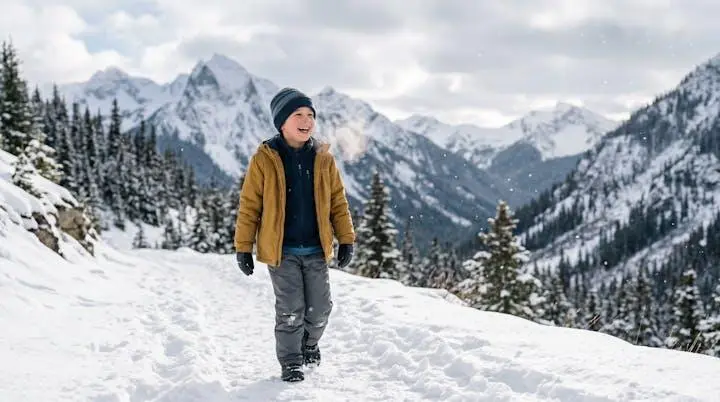 Bambino con abbigliamento tecnico a strati che gioca sulla neve in un paesaggio alpino