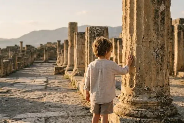 Bambino che osserva con meraviglia antiche rovine archeologiche illuminate dalla luce dorata del tramonto
