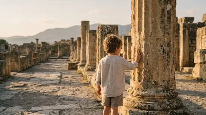 Bambino che osserva con meraviglia antiche rovine archeologiche illuminate dalla luce dorata del tramonto