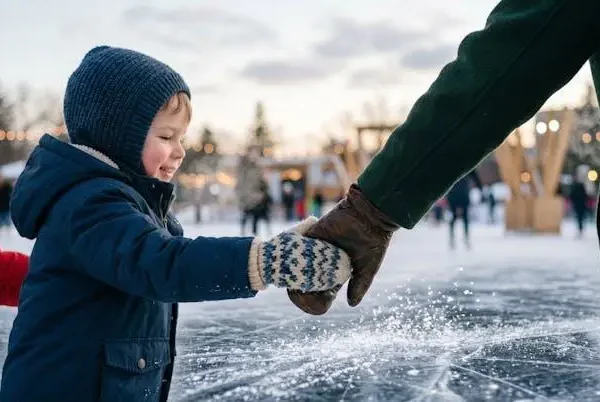 Bambino sorridente che vive la sua prima esperienza di pattinaggio su ghiaccio tenendo le mani di un genitore su una pista invernale