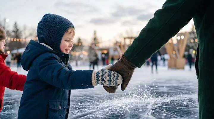 Bambino sorridente che vive la sua prima esperienza di pattinaggio su ghiaccio tenendo le mani di un genitore su una pista invernale