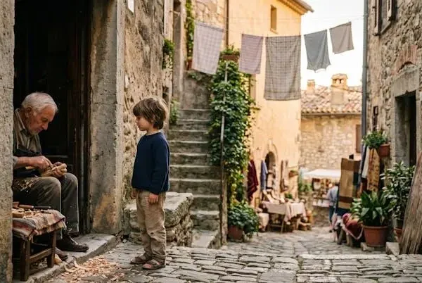 Bambino che osserva con curiosità la vita quotidiana in un antico borgo europeo, lontano dalle attrazioni turistiche