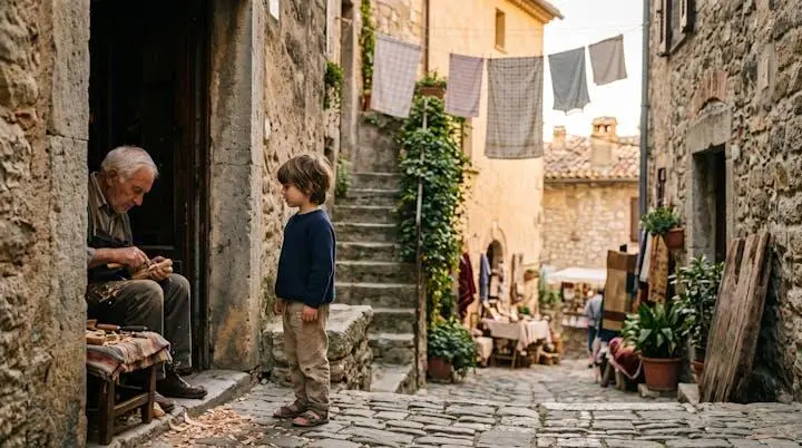 Bambino che osserva con curiosità la vita quotidiana in un antico borgo europeo, lontano dalle attrazioni turistiche