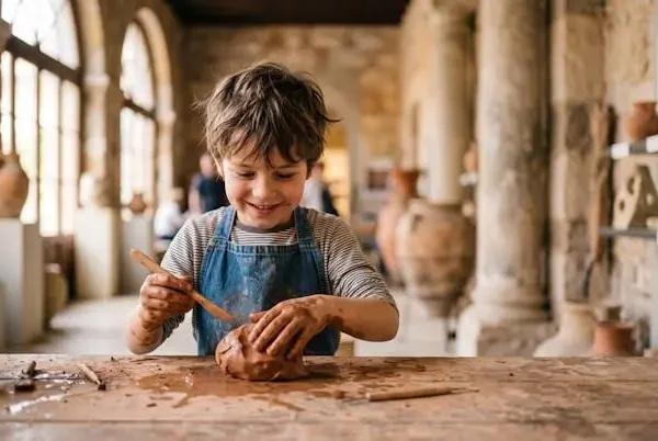 Bambino sorridente che manipola argilla durante un laboratorio didattico in un museo archeologico