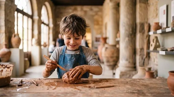 Bambino sorridente che manipola argilla durante un laboratorio didattico in un museo archeologico