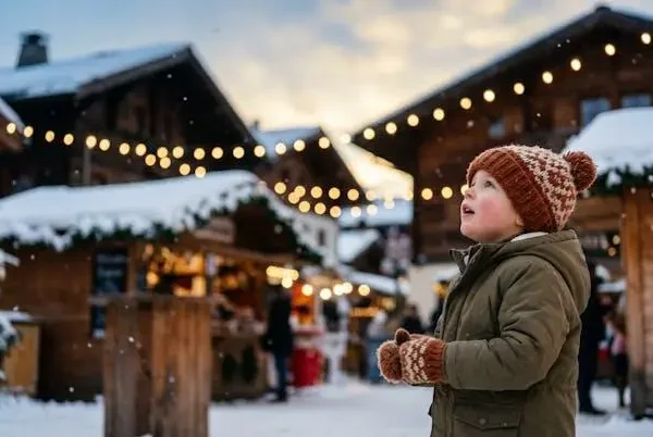 Bambino con gli occhi pieni di meraviglia davanti alle luci di un mercatino di Natale in un borgo alpino innevato