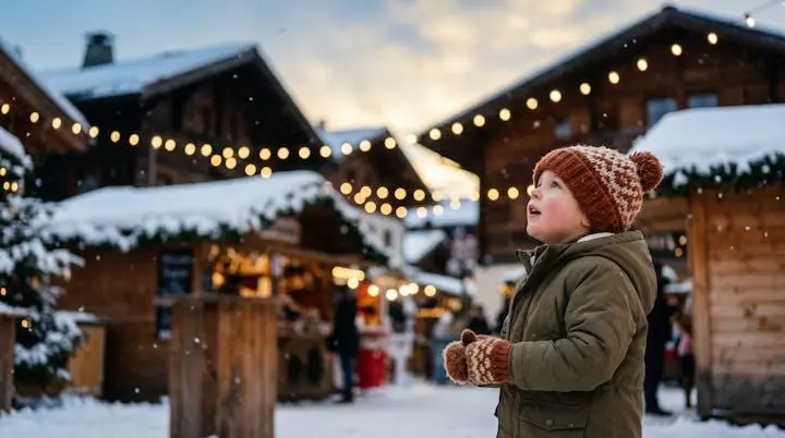 Bambino con gli occhi pieni di meraviglia davanti alle luci di un mercatino di Natale in un borgo alpino innevato