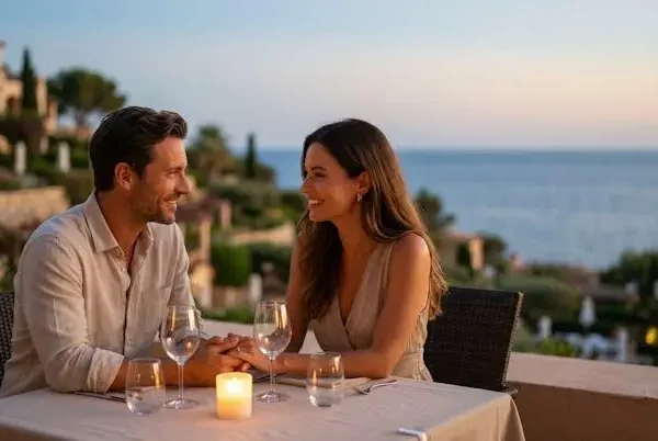 Coppia di genitori che si gode una cena romantica in un resort mentre il figlio è affidato a una baby-sitter qualificata