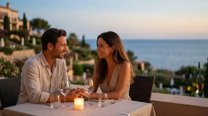 Coppia di genitori che si gode una cena romantica in un resort mentre il figlio è affidato a una baby-sitter qualificata