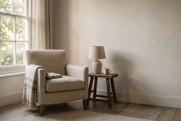 Camera d'albergo luminosa e accogliente vista da un angolo, con luce naturale calda e spazio libero per suggerire l'analisi di un soggiorno ideale