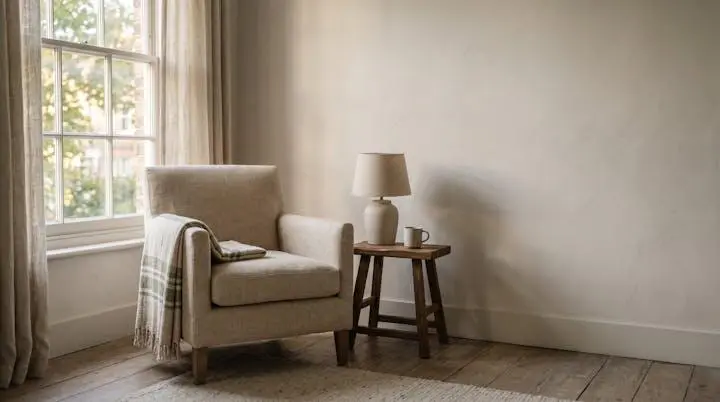 Camera d'albergo luminosa e accogliente vista da un angolo, con luce naturale calda e spazio libero per suggerire l'analisi di un soggiorno ideale