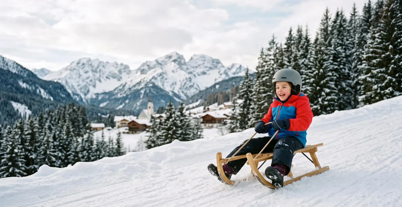 Bambino felice su uno slittino di legno che scende lungo una pista innevata alberata, con montagne innevate sullo sfondo e ampio spazio negativo nel cielo.