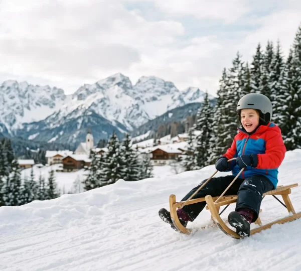 Bambino felice su uno slittino di legno che scende lungo una pista innevata alberata, con montagne innevate sullo sfondo e ampio spazio negativo nel cielo.