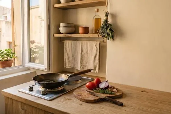 Angolo cottura minimalista con una padella e ingredienti freschi pronti per essere cucinati in uno spazio ridotto