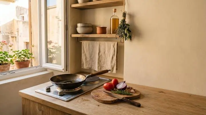 Angolo cottura minimalista con una padella e ingredienti freschi pronti per essere cucinati in uno spazio ridotto