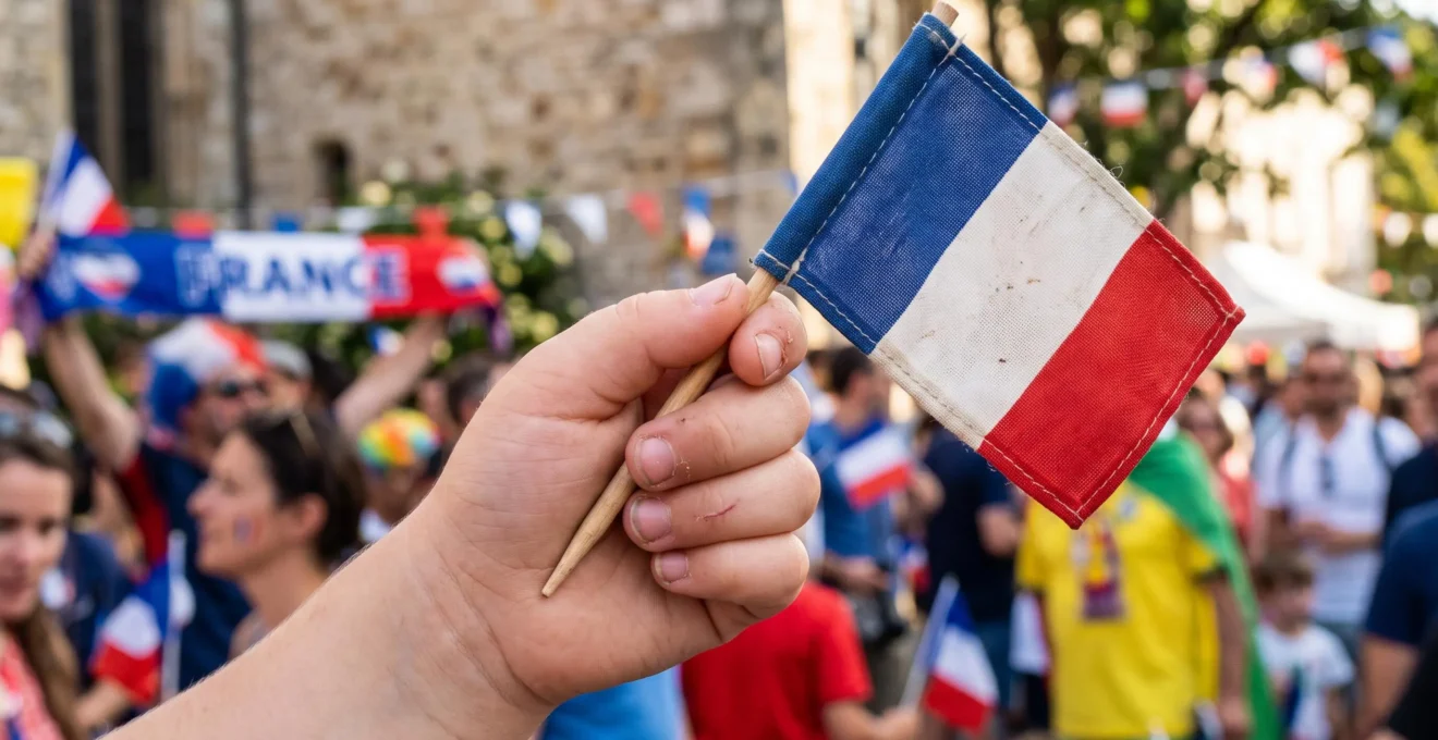 Primo piano di una piccola mano di bambino che tiene una bandierina francese tricolore, sfondo sfocato con luci colorate