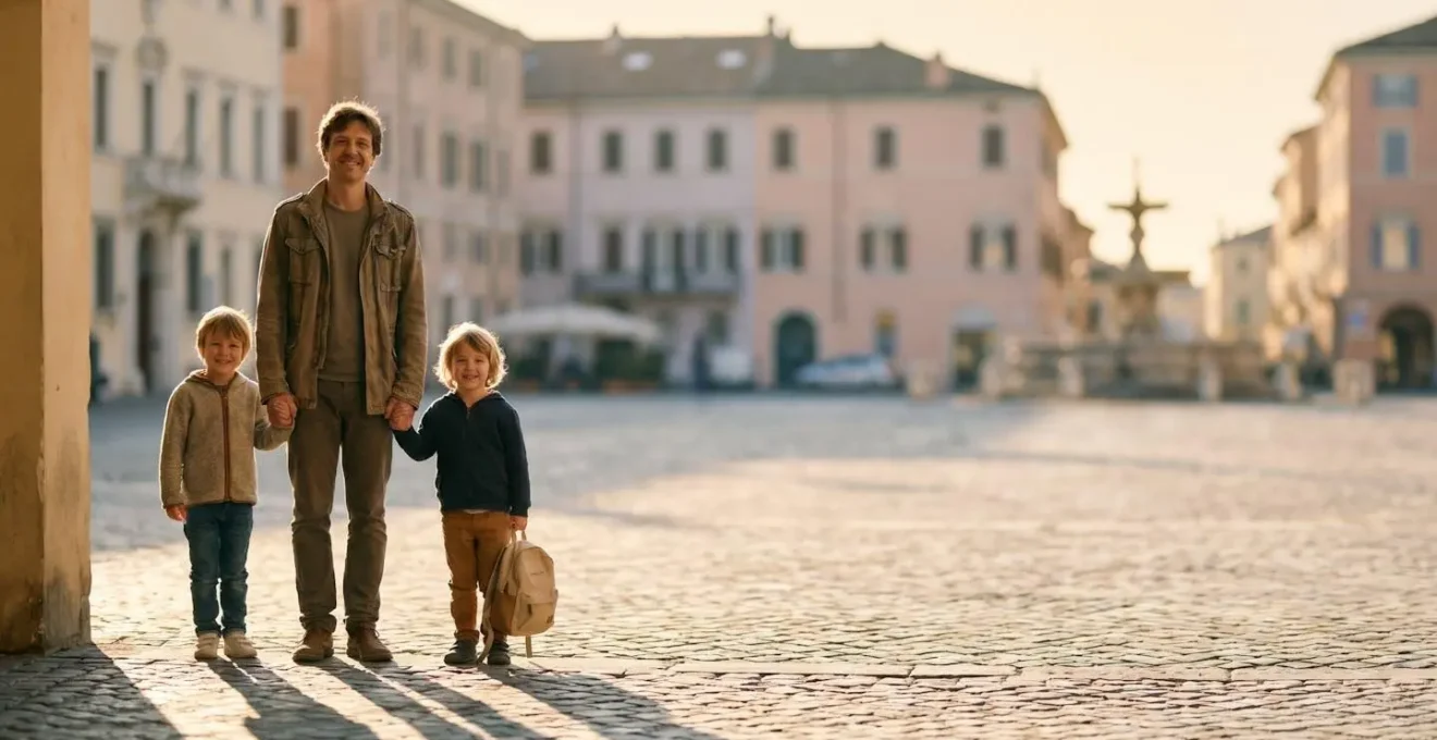 Famiglia con bambini che esplora insieme una piazza storica europea durante un weekend culturale