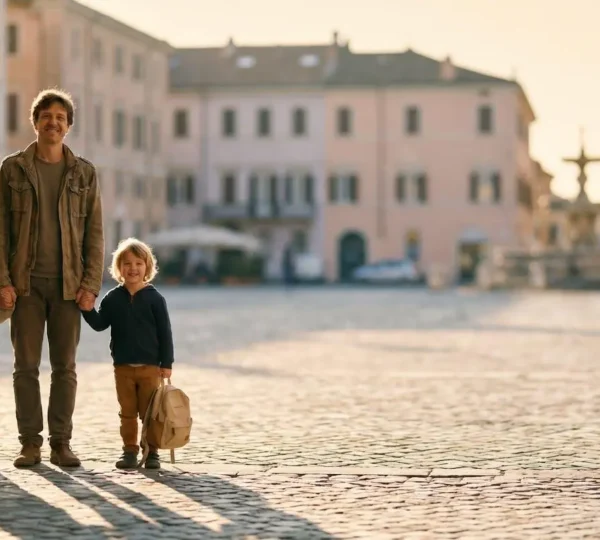 Famiglia con bambini che esplora insieme una piazza storica europea durante un weekend culturale