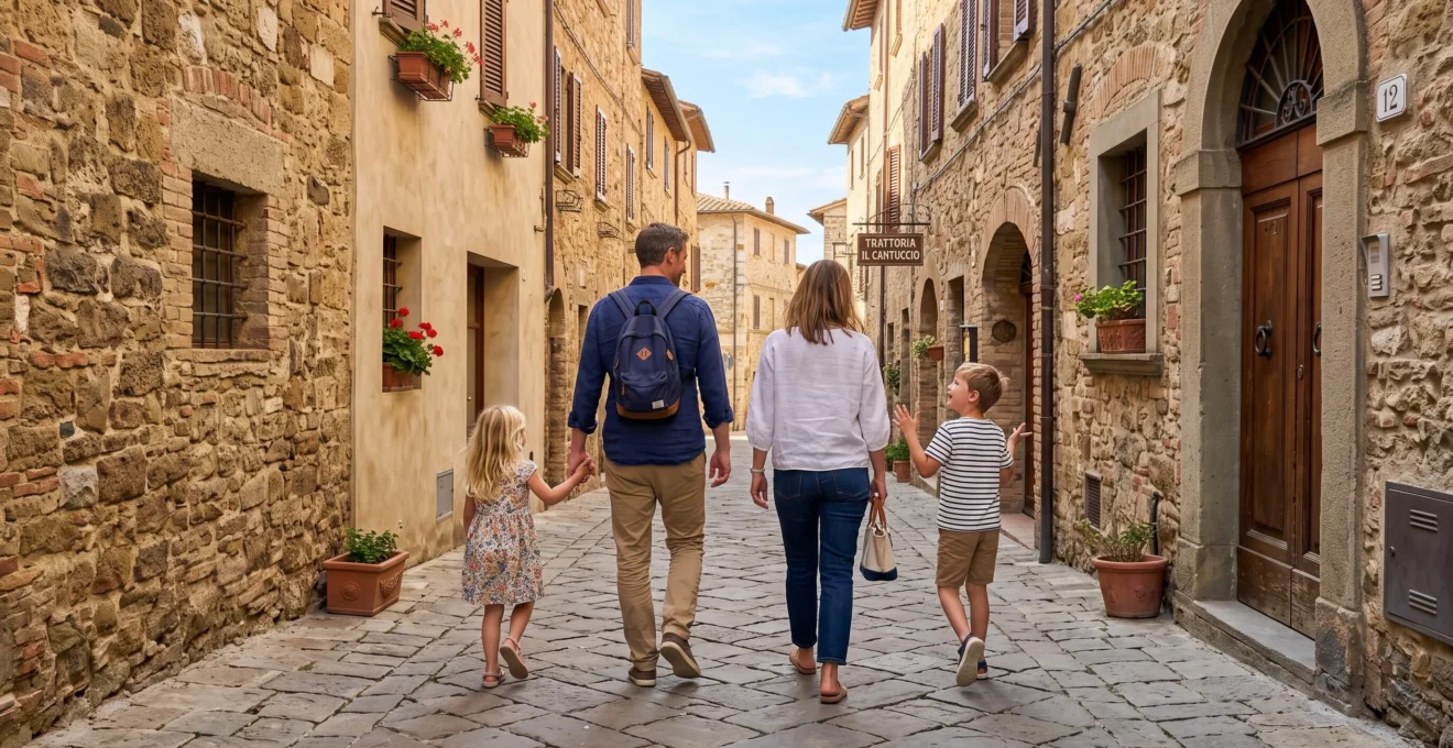 Una famiglia con due bambini vista di spalle cammina per le strette vie lastricate di un borgo toscano in una giornata luminosa