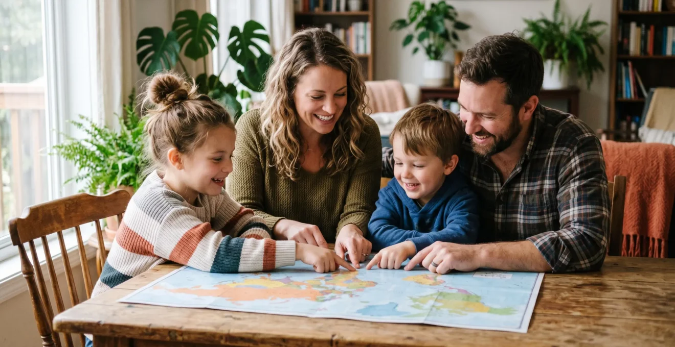 Famiglia riunita intorno a una mappa, bambini che indicano destinazioni con entusiasmo mentre i genitori ascoltano