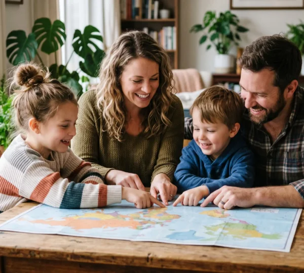 Famiglia riunita intorno a una mappa, bambini che indicano destinazioni con entusiasmo mentre i genitori ascoltano