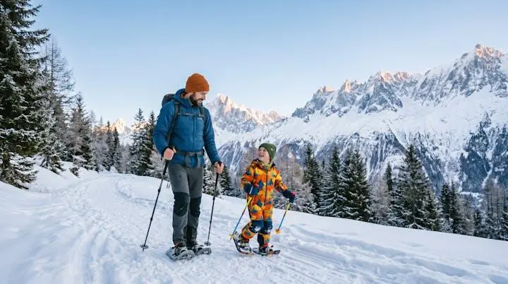 Famiglia con bambino piccolo che cammina con le ciaspole su un sentiero di montagna innevato al mattino