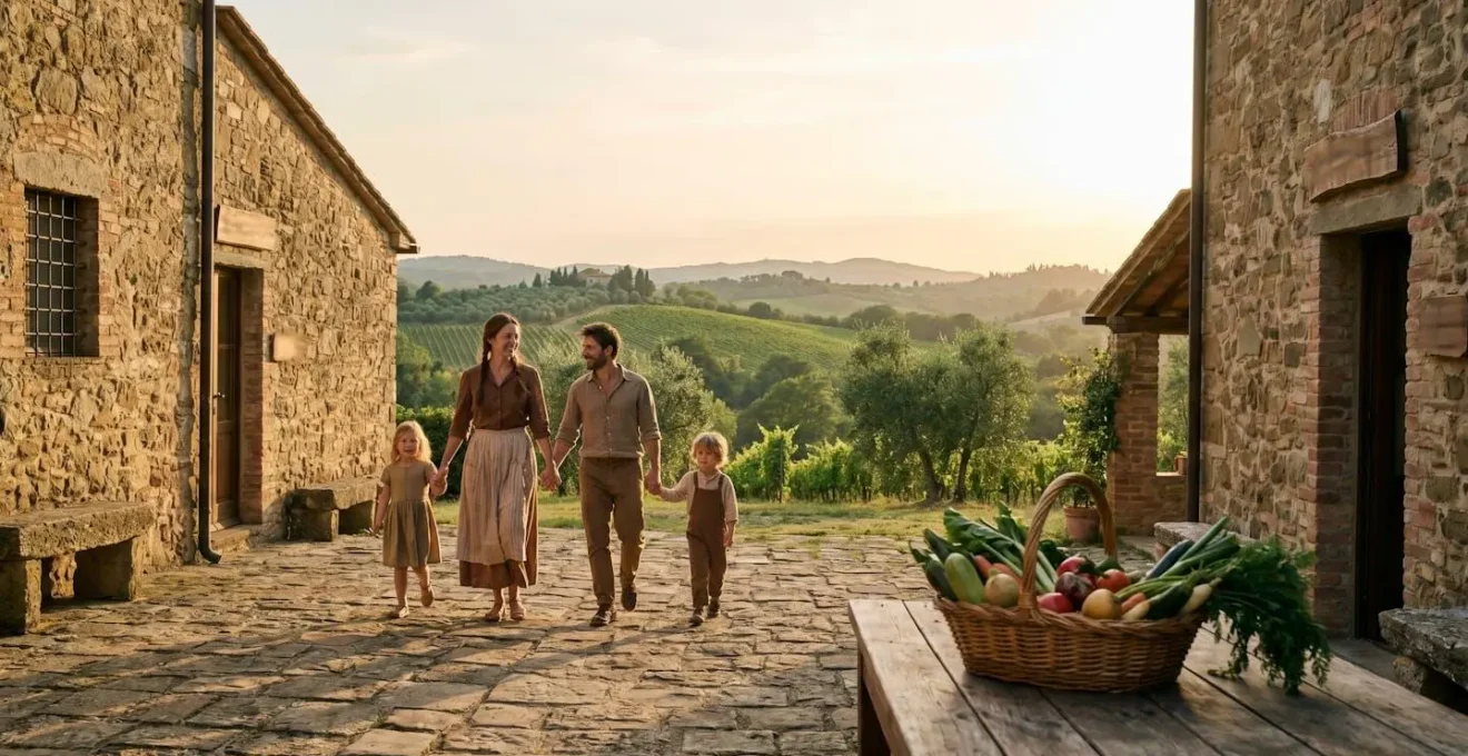 Famiglia con bambini che cammina mano nella mano in un cortile di agriturismo circondato da colline verdi, luce dorata del mattino