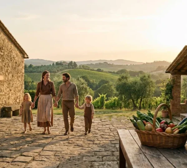 Famiglia con bambini che cammina mano nella mano in un cortile di agriturismo circondato da colline verdi, luce dorata del mattino