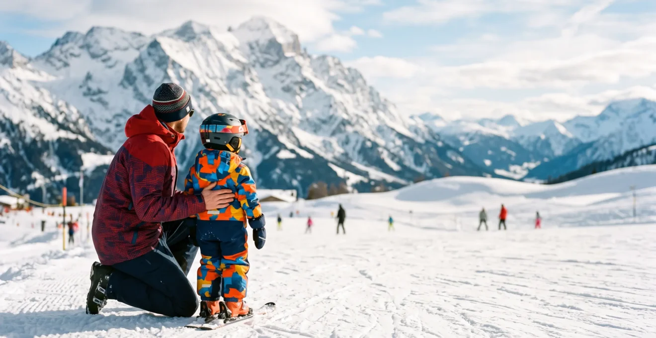 Famiglia con bambini che osserva un comprensorio sciistico innevato ideale per l'apprendimento sicuro dello sci