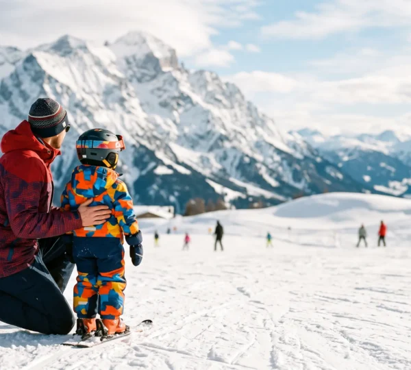 Famiglia con bambini che osserva un comprensorio sciistico innevato ideale per l'apprendimento sicuro dello sci
