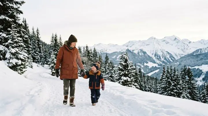 Genitore e bambino con ciaspole camminano felici su un sentiero di montagna innevato circondato da abeti