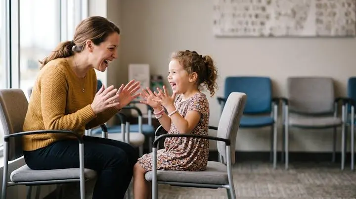 Genitore e bambino sorridenti che giocano insieme con la sola fantasia in una sala d'attesa, senza oggetti né schermi