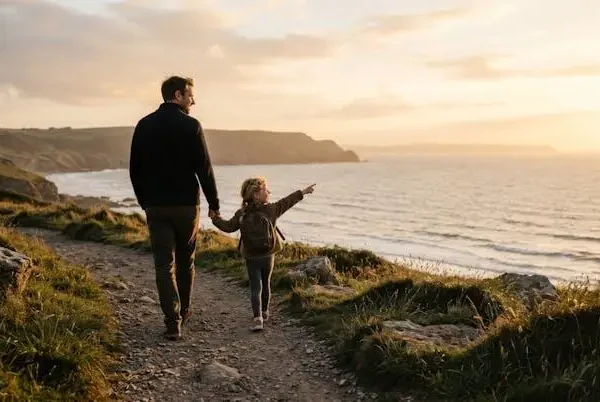 Genitore e bambino che si tengono per mano guardando l'orizzonte al tramonto durante una vacanza in famiglia