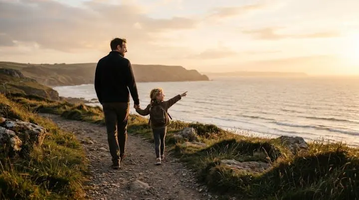 Genitore e bambino che si tengono per mano guardando l'orizzonte al tramonto durante una vacanza in famiglia