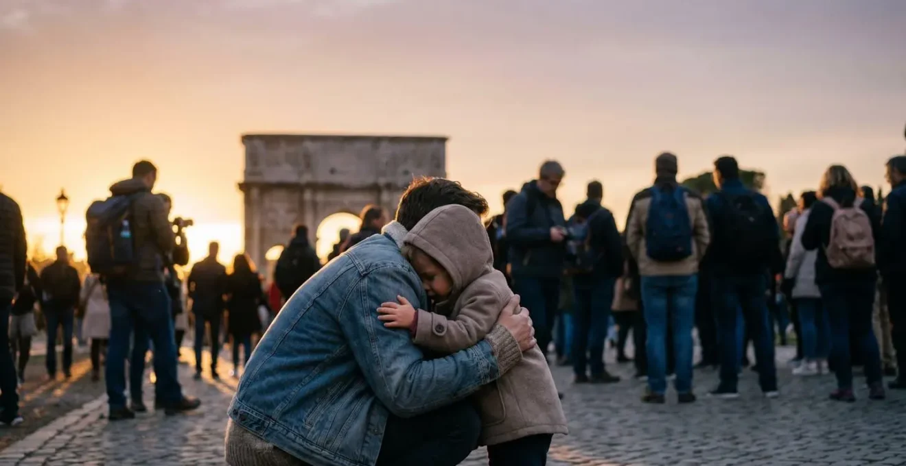 Un genitore protegge delicatamente un bambino piccolo tra la folla di turisti davanti a un monumento iconico illuminato dalla luce dorata