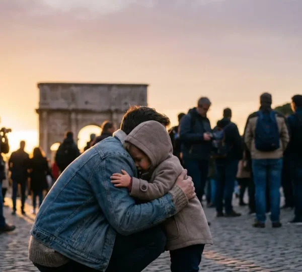 Un genitore protegge delicatamente un bambino piccolo tra la folla di turisti davanti a un monumento iconico illuminato dalla luce dorata