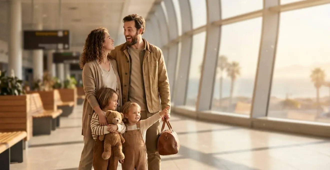 Genitori sorridenti valutano un'offerta di viaggio last minute adatta ai bambini accanto a valigie pronte