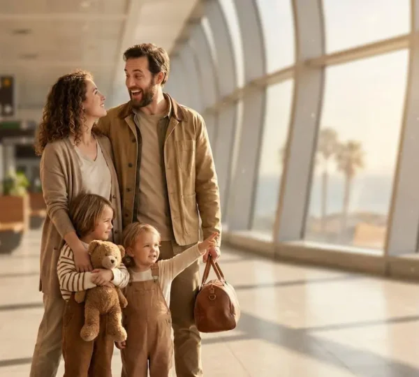 Genitori sorridenti valutano un'offerta di viaggio last minute adatta ai bambini accanto a valigie pronte