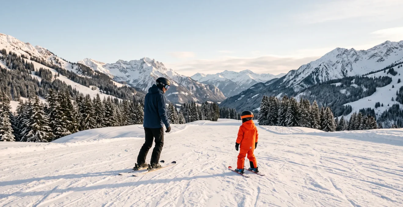 Genitore e bambino con casco da sci che scendono insieme una pista innevata al tramonto, simbolo di sicurezza e apprendimento condiviso