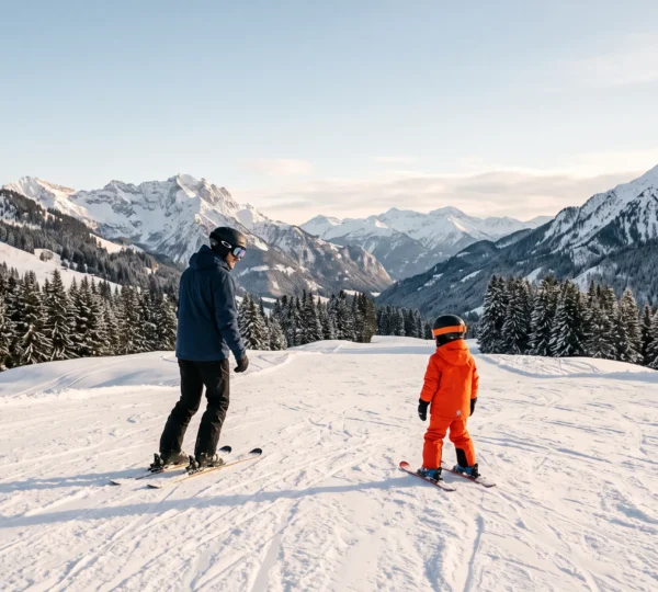 Genitore e bambino con casco da sci che scendono insieme una pista innevata al tramonto, simbolo di sicurezza e apprendimento condiviso