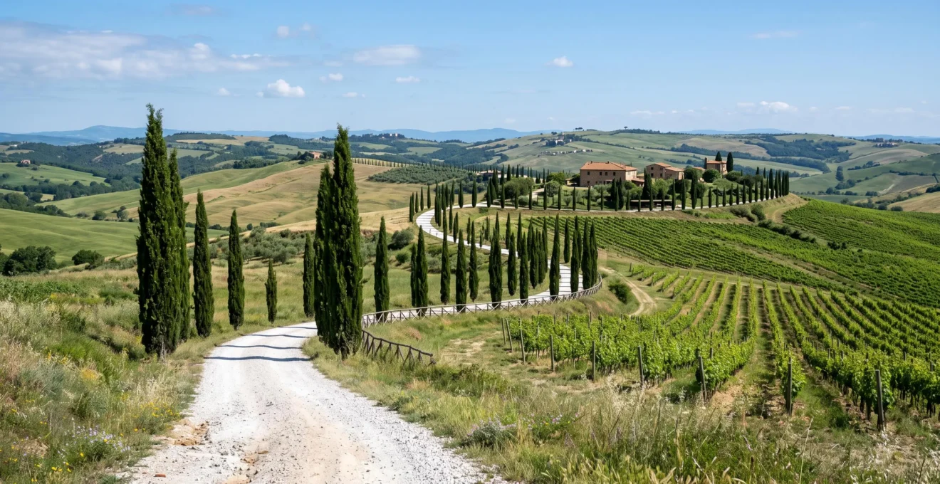 Vista panoramica delle colline toscane con filari di cipressi, vigneti ordinati e un casale in pietra sullo sfondo sotto un cielo azzurro limpido